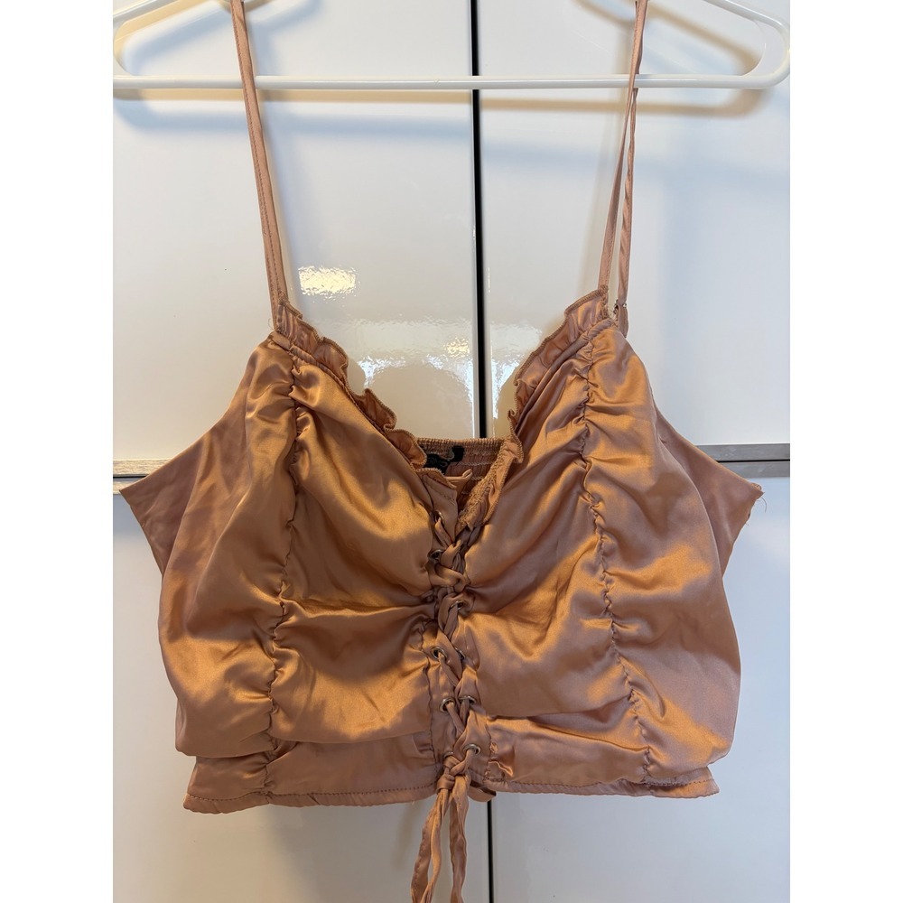 Apermo Rose Gold Satin Lace Up Crop Top Smocked Back Cami L